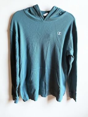 Champion Teal Hooded Waffle-Knit Unisex Pullover Hoodie Size L